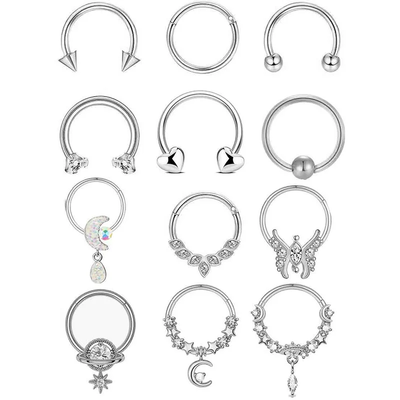 12Set of Stainless Steel Nose Ring Suit Cross-Border Broken Ring Combination Nose Ring Nose Stud Piercing Jewelry Ear Bone Stud