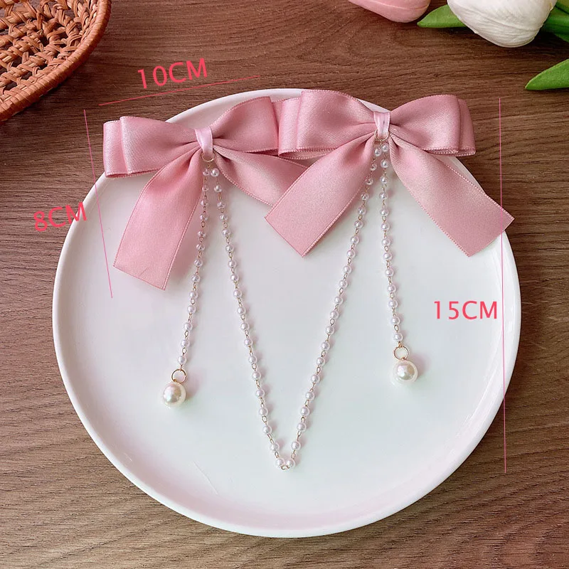 Sweet Princess Style Pink Pearls Chain Bow Hair Clip Women Children\'s Cute Back Head Hairpins Hair Clips Girls Hair Accessories