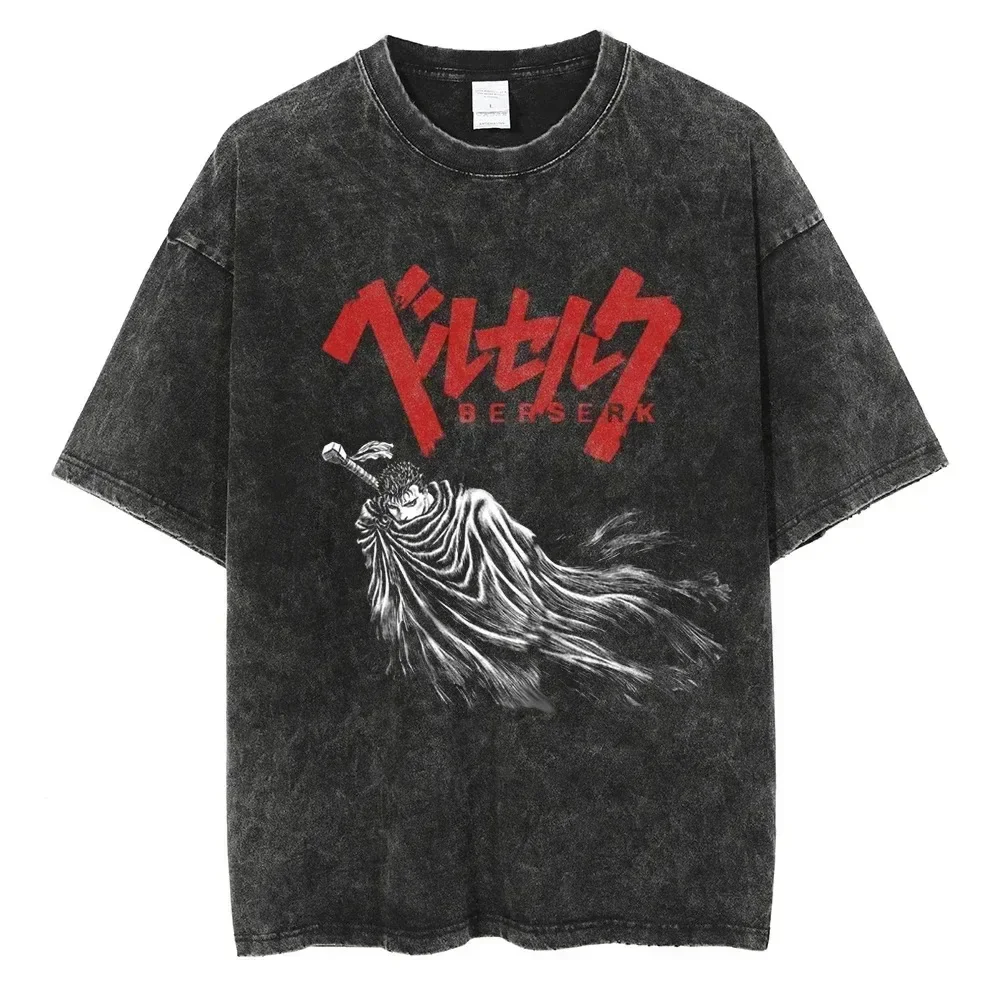 Berserk Print T Shirt Men Vintage Washed T-Shirt Anime Guts Graphic Tshirt Hiphop Streetwear Tees Summer Casual Berserk Clothes