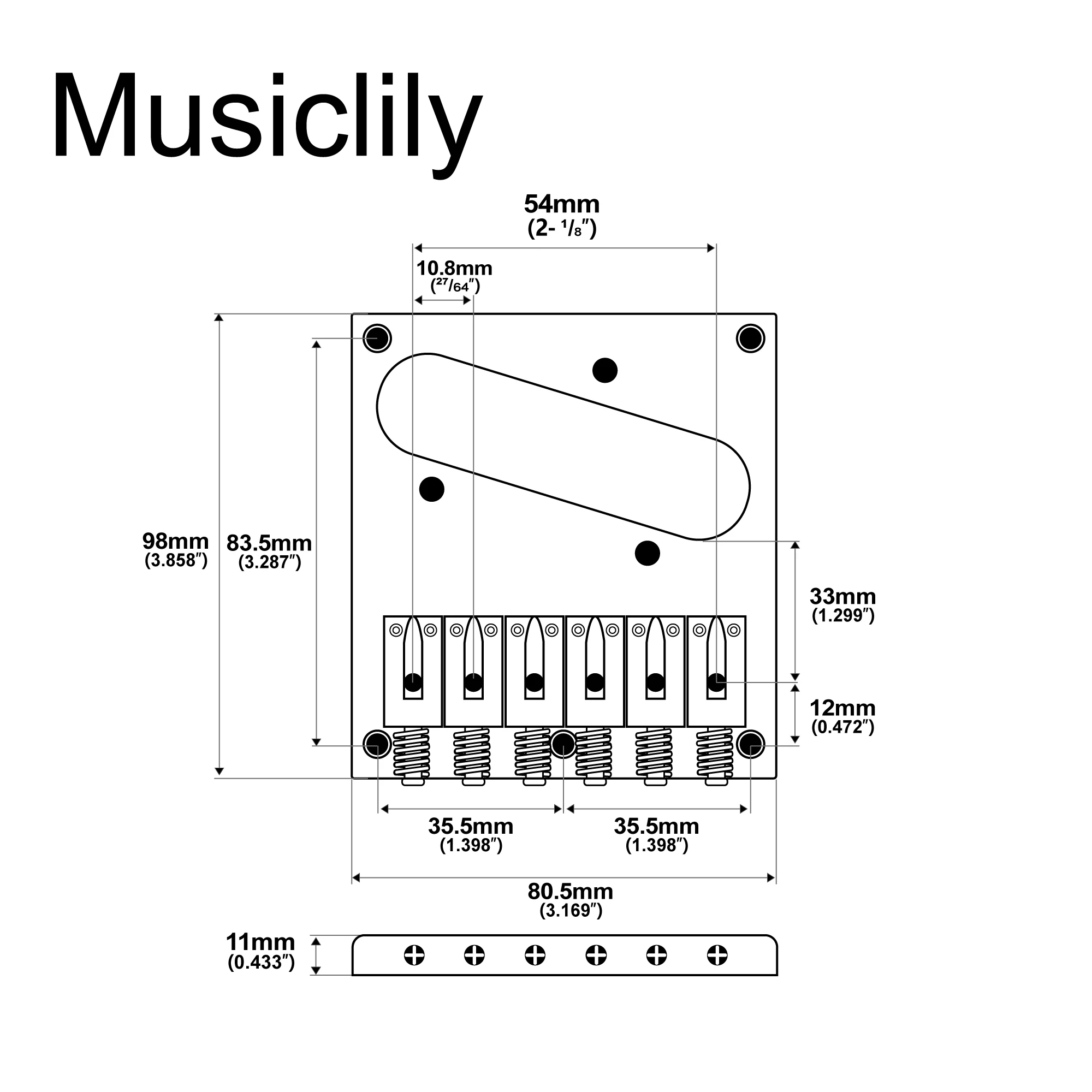 Musiclily Pro 54mm String Spacing Modern Bridge with 6pcs SUS Stainless Steel Saddles for Fender Squier Tele Electric Guitar