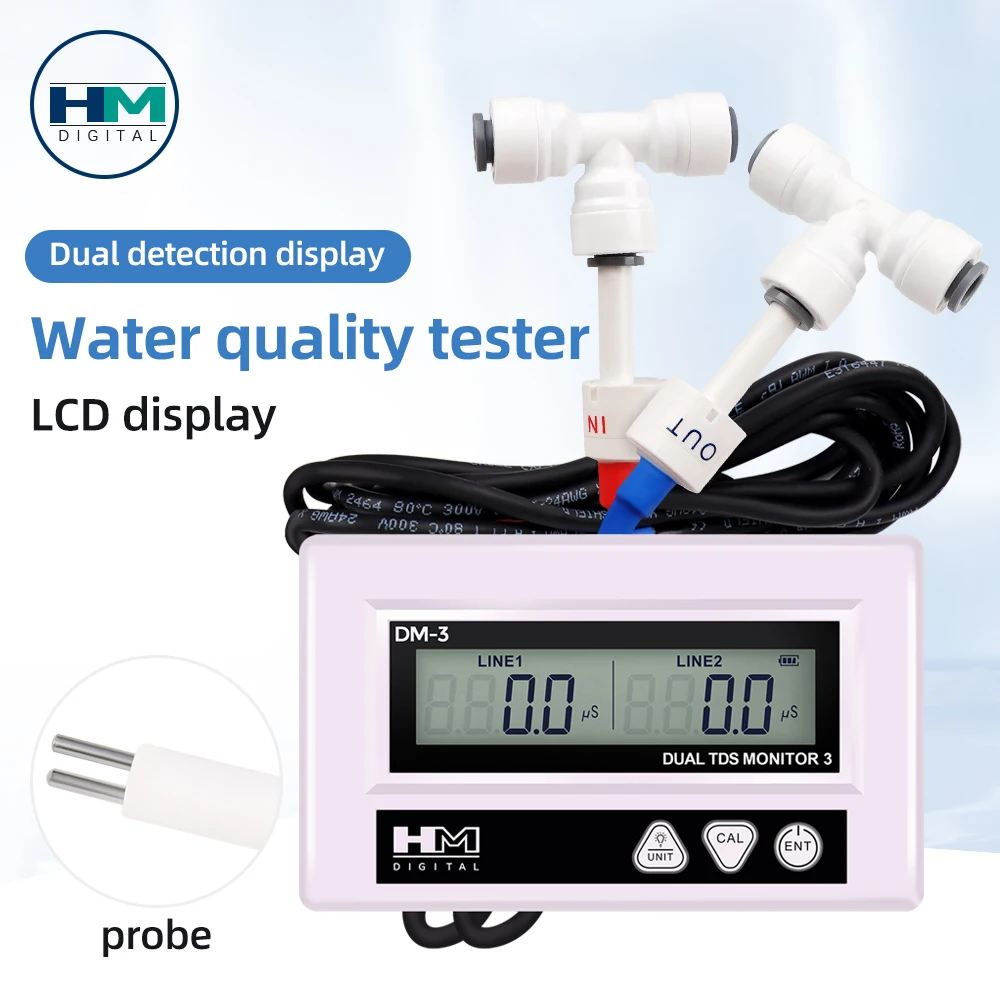 

DM3 Online Water Quality Tester Dual Probe EC TDS Meter LCD EC Monitor Inlet Outlet Water TDS Detector for Tap Water Fish Tank