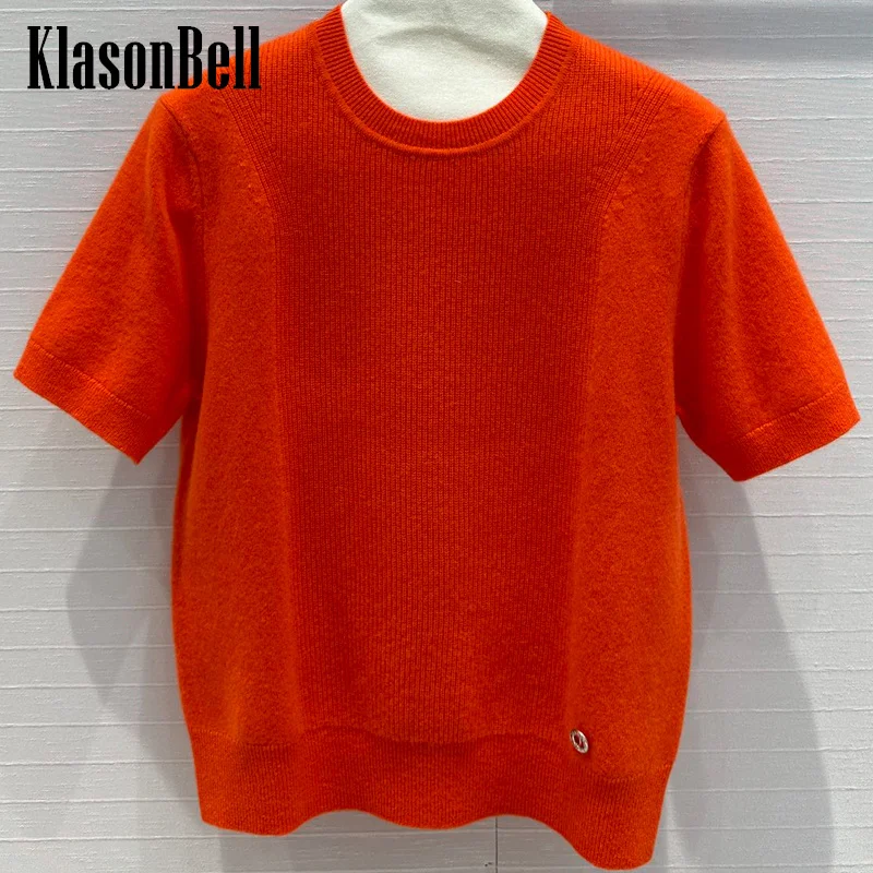 7.15 KlasonBell Women\'s Temperament Elegant O-Neck Ribbed Pullover Knitwear Top 100% Cashmere Short Sleeve Sweater