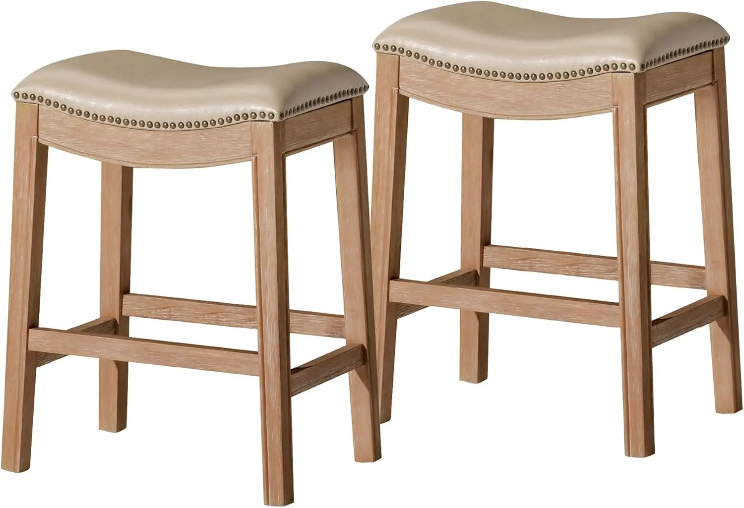 Adrien Backless Counter Stool – Set of 2 – 26 Inches – Saddle Stool with Footrest – Natural Wood Frame & Beige Faux Leath