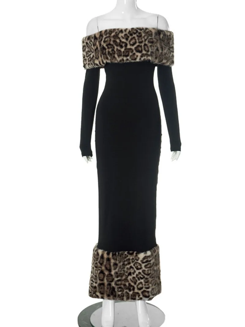 Elegante leopardo impressão de pele do falso retalhos envoltório vestido feminino primavera outono slash neck bodycon preto vestidos de festa vestidos de noite