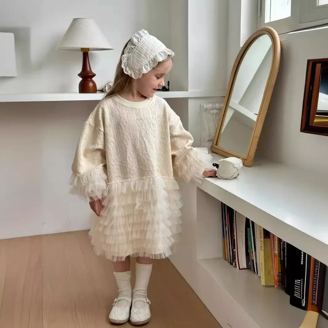 Abiti Casual per ragazze principessa Advanced Feeling Splicing Mesh garza nuovo colletto tondo coreano Senior alla moda 2024
