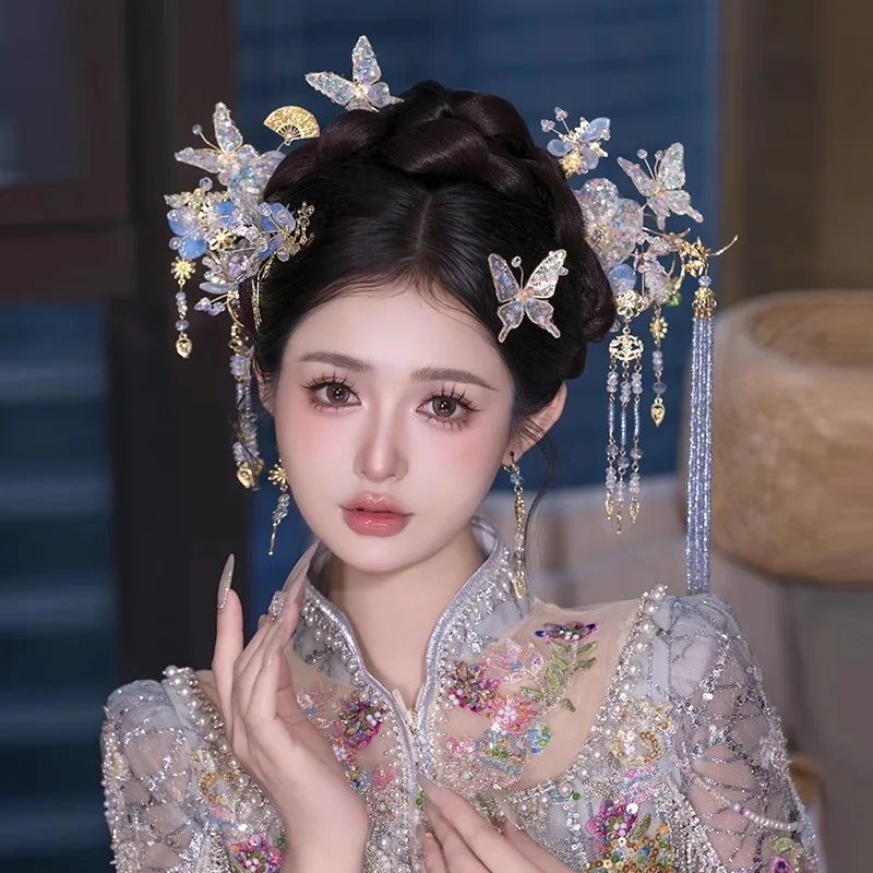 

Xiuhe Headdress New Chinese Style Bridal Wedding Tassels Hairpins Set Fairy Butterfly Flower Light Blue Hairwear Jewelries