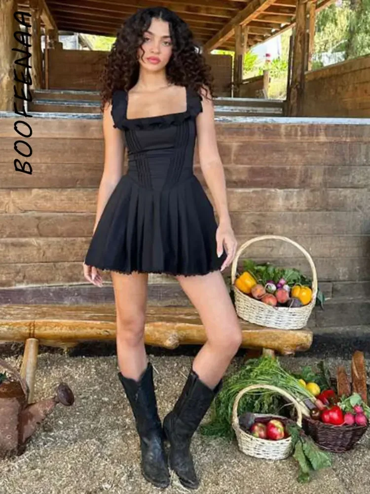 Vestido de corsé negro de Boefeenaa, Vestido corto de encaje Vintage francés, cuello cuadrado, sin mangas, una línea, 2024 de verano para mujer