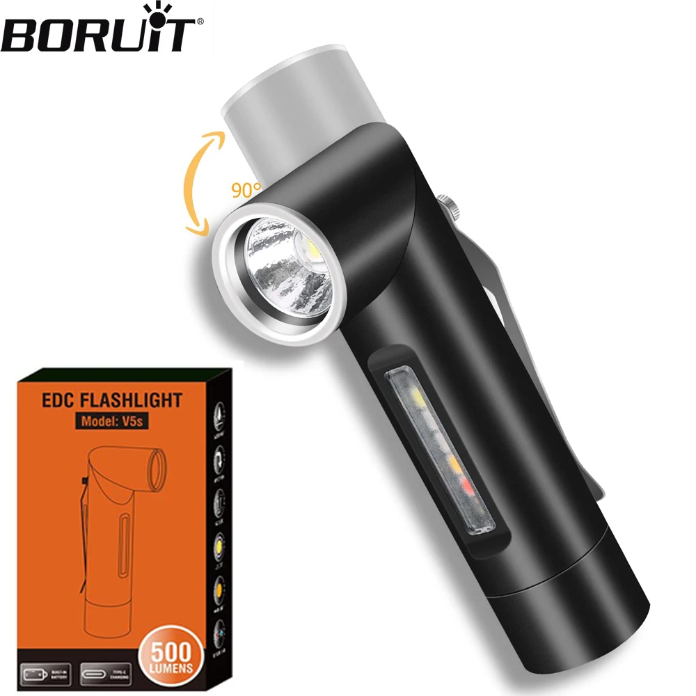 BORUiT V5S EDC LED 손전등, 90 ° 회전 가능, 500LM 슈퍼 브라이트 미니 토치, C 타입 충전식 포켓 랜턴, 자석 및 클립 포함