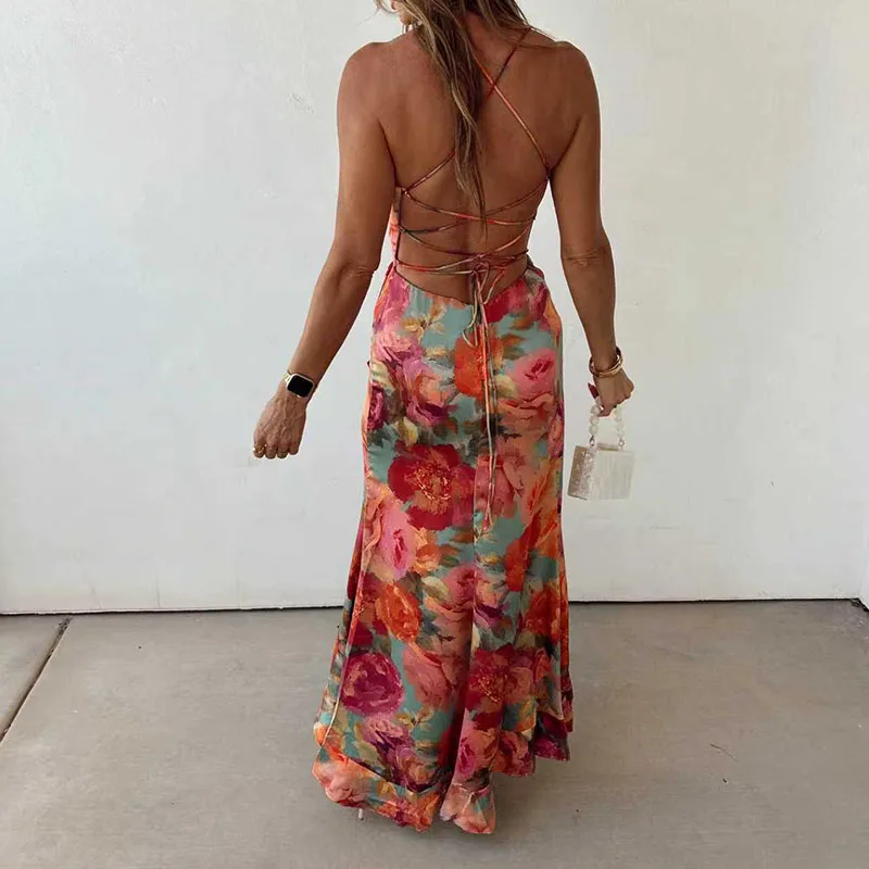 Casual Sleeveless Backless Tie Up Dress Summer New Low Cut Pleated Evening Dress Fashion Hot Girl Irregular Floral Printed Dress