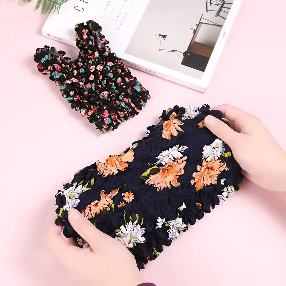 Vintage Floral Bubble Stretch Handbag Fashion Wrinkle Magic Bag Portable Floral Large Capacity Shopping Storage Bag