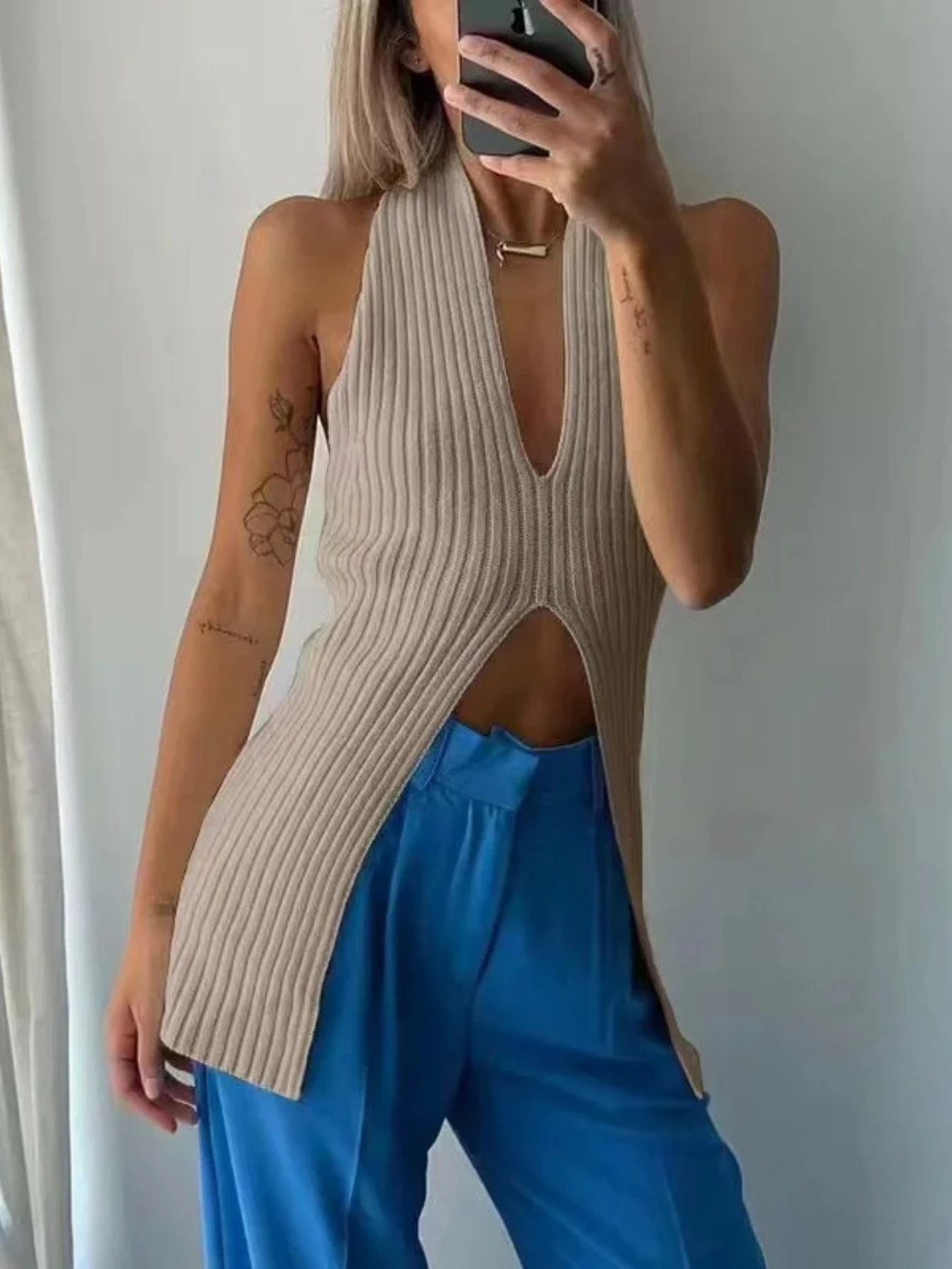 Tank-Top mit tiefem Ausschnitt vorne, ärmellos, Rippstrick-Camis und Tanktop für Damen, Sommer-Damen