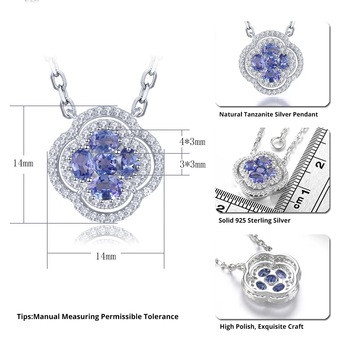 Natural Tanzanite Solid Sterling Silver Necklace Pendant 0.8 Carats Genuine Gemstone Romantic Exquisite Fine Jewelrys Women