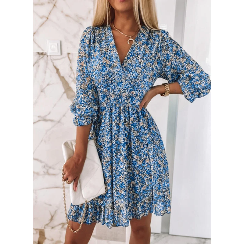 Elegant Floral Print Women Dress Summer Half Sleeve Short Dress Sundress Fashion Vestidos Robe Vacation Party Dresses 2022