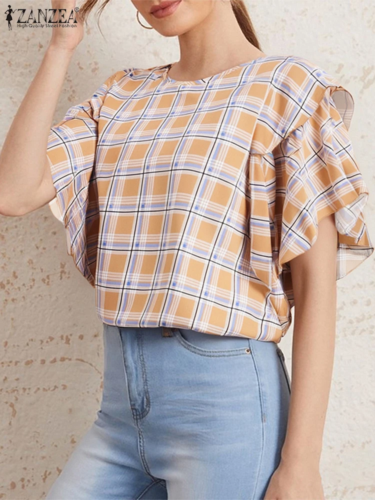 

2025 ZANZEA Fashion Ruffled Blouse Women Elegant Office Work Tunic Casual Loose Blusas Printed Vintage Plaid Tops Oversized