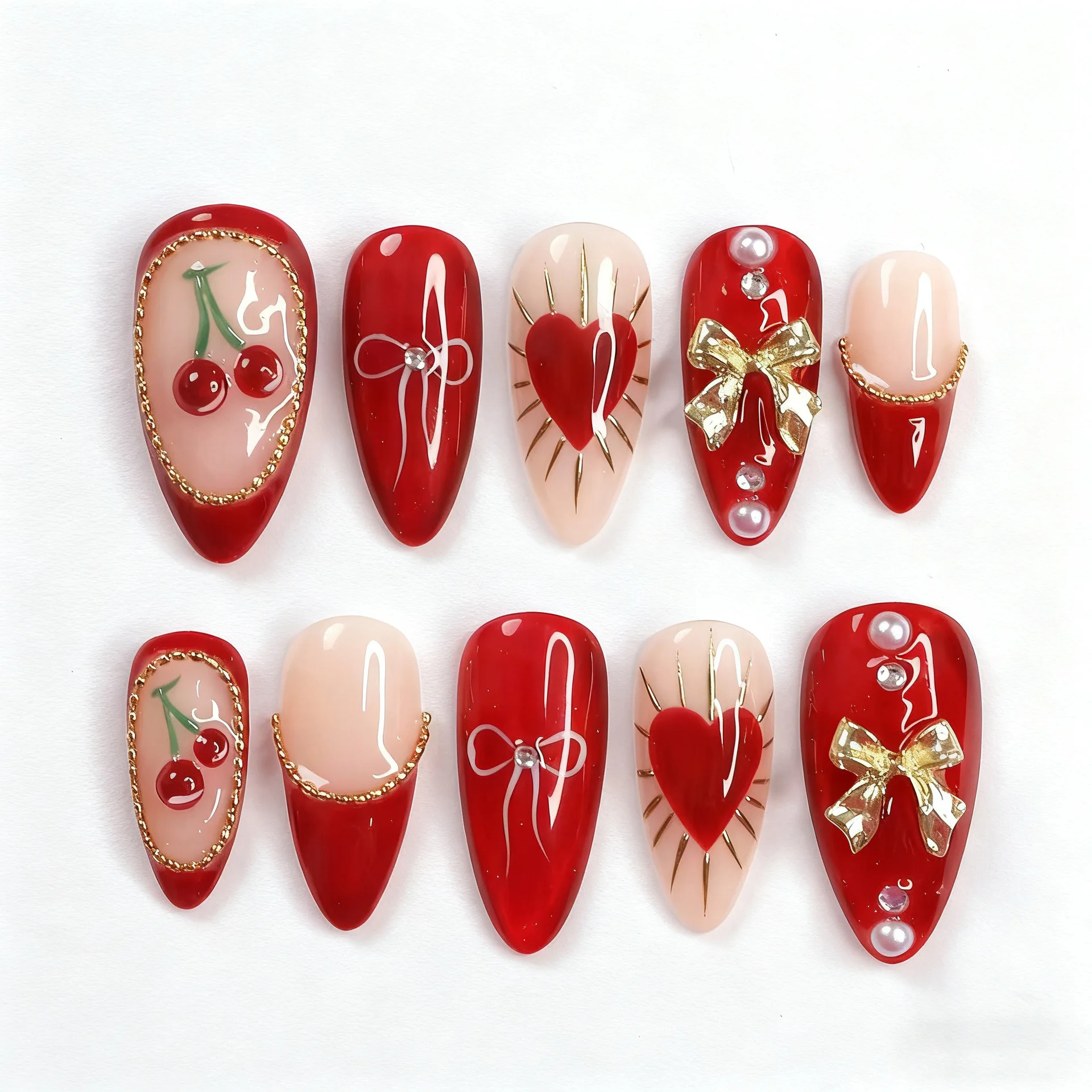 24 Uds. De uñas postizas con forma de corazón, sobre de lazo 3D, longitud media, almendra, uñas postizas, perlas, diamantes de imitación, cubierta completa desmontable, puntas de uñas