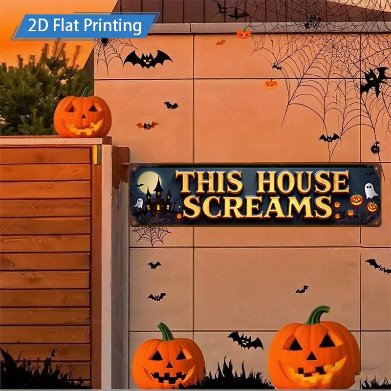 1 Stück 10,2 x 40,6 cm großes Metallschild „This House Screams“-Schild, 2D-Flachdruck, gruseliges Kürbis-Fledermaus-Dekor
