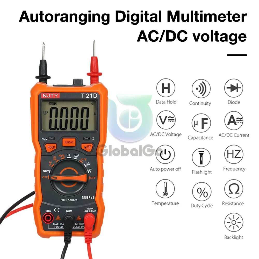 Multimeter Tester 6000 Counts Digital Multimeter Auto Ranging AC/DC Voltage Temperature Measuring Device T21D with Thermocouple