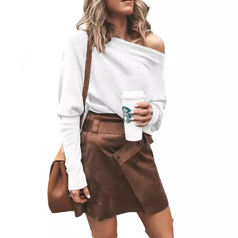 2025 ملابس نسائية جديدة الخريف والشتاء الخفافيش بأكمام طويلة كلمة واحدة تي شيرت بياقة أعلى الأوروبية والأمريكية #5