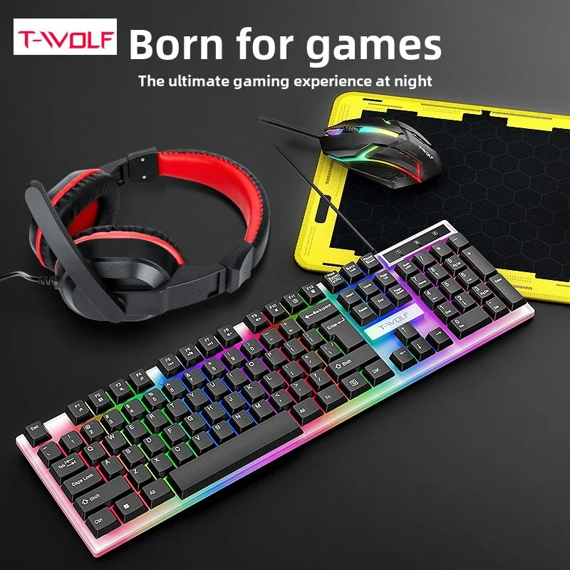 T-WOLF Set de Teclado, Mouse, Auriculares y Mousepad 4 en 1 para Juegos, Retroiluminación RGB, Sensación Mecánica, USB, Cableado, Combo para PC y Oficina