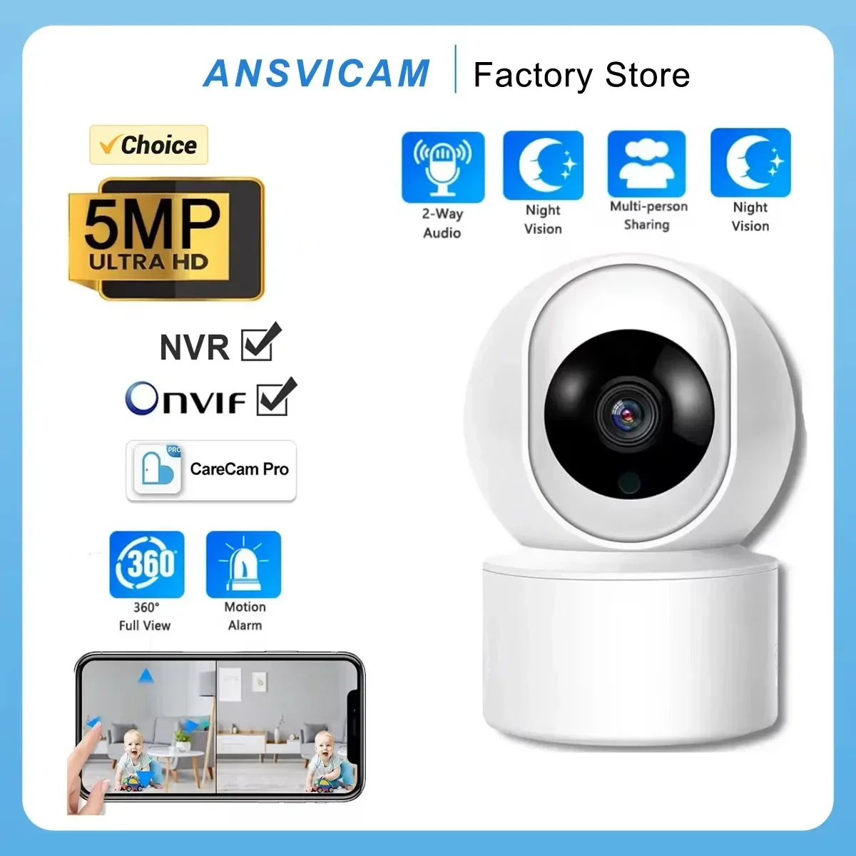 

ANSVICAM 5MP WiFi IP Camera Two-way Voice Intercom Automatic Body Tracking Full Color Night Vision Indoor Monitoring Camera