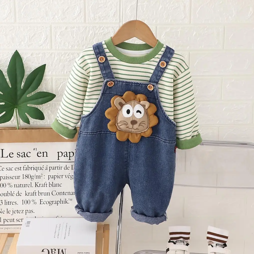 

Spring Autumn Boutique Outfits Korean Fashion Baby Boys Clothes Striped Long Sleeves T-shirt and Cartoon Denim Overalls Kids Set