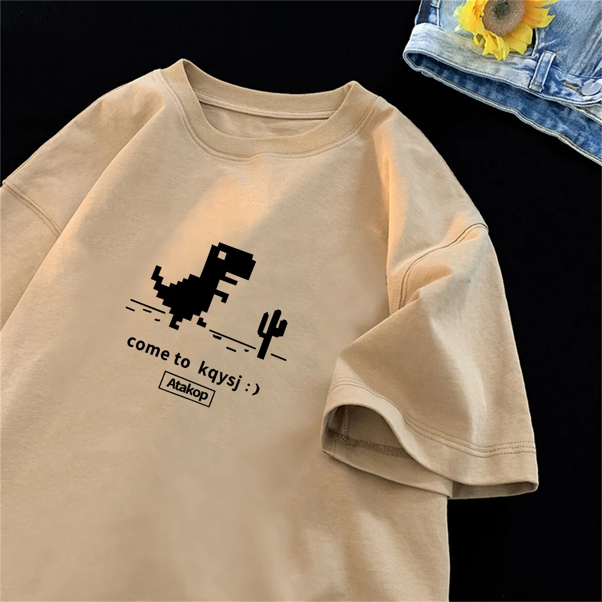 

Loose Fit Pure Cotton Short Sleeve T-Shirt for Men And Women with Dinosaur Print Casual Versatile Comfortable Breathable