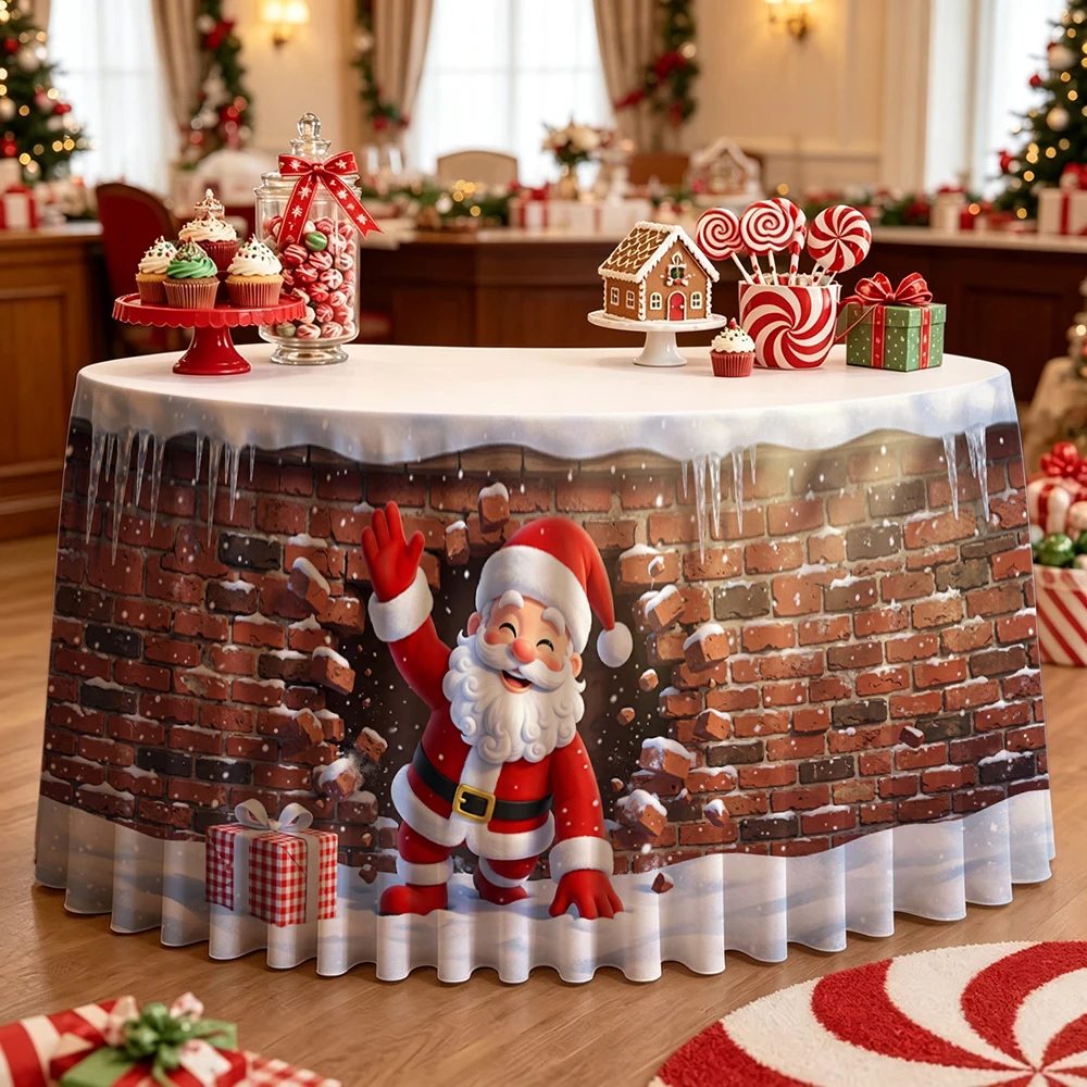 Santa Claus tablecloth with Santa delivering gifts pattern, featuring elastic bands on top for reusability