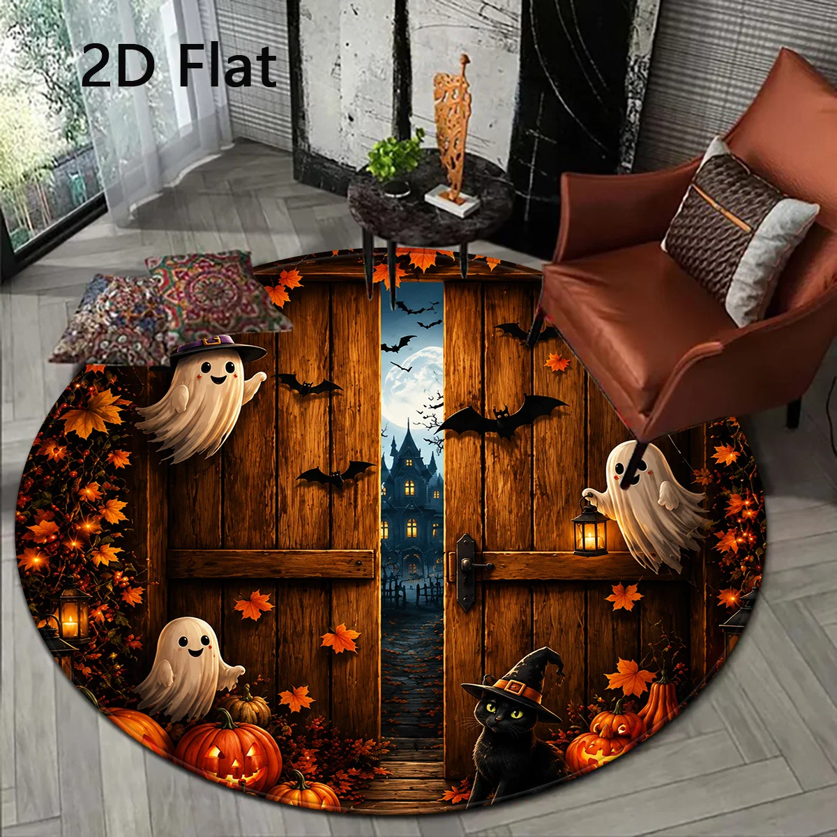 Spooky Halloween Circular Decor Mat Vintage Wood Door Ghost Pumpkin Black Cat Bat Printed Round Rug Fall Holiday Home Decoration