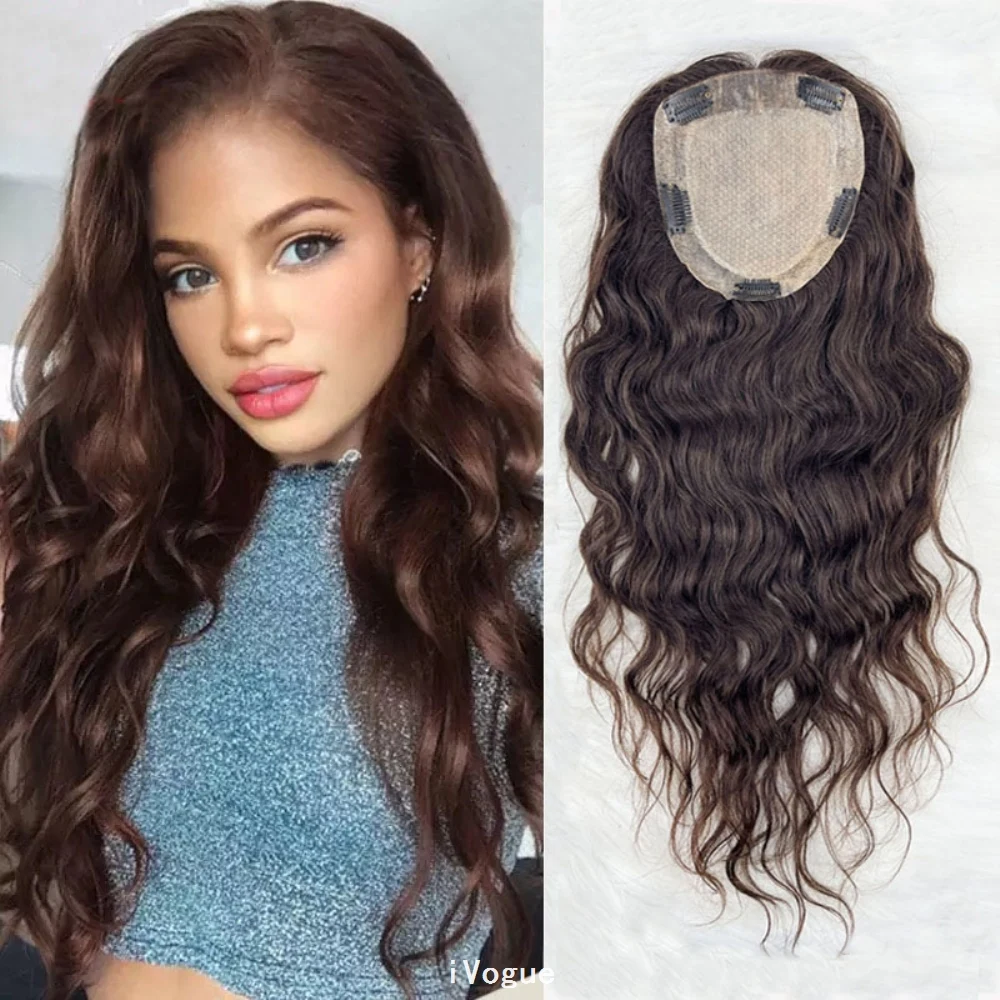 15X16cm Wavy Brown European Virgin Hair Women Topper Silk Skin Base Toupee with PU Around Clips in Human Hair Extensions Topper