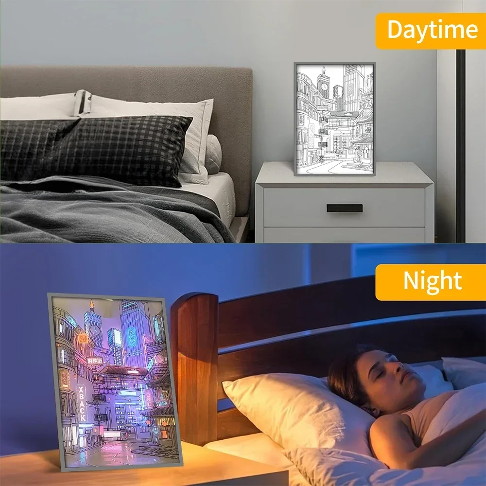 LED Beautiful City Night View Table Light Painting,HD Picture Narrow Bezel USB Plug Dimming Romantic Home Decorations Night Lamp