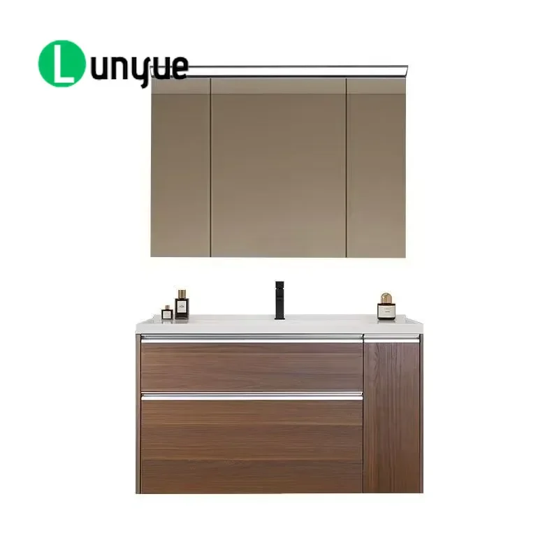 Japanese Style Walnut Bathroom Cabinet with Ceramic Integrated Washbasin Modern Vanity Unit for Toilet and Bathroom Storage