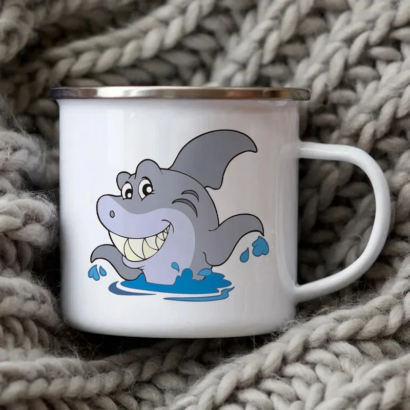 Cartoon Happy Shark Print Enamel Cup Gift for Children Metal Cup Funny Coffee Cups to Sublimate Custom Mug Kawaii Cupshe Mugs