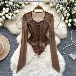 Women Square Collar Hotsweet Vintage Mesh Spliced Bandage PU Leather Chic Long Sleeve Slim Top Korean Fashion  Autumn Clothing