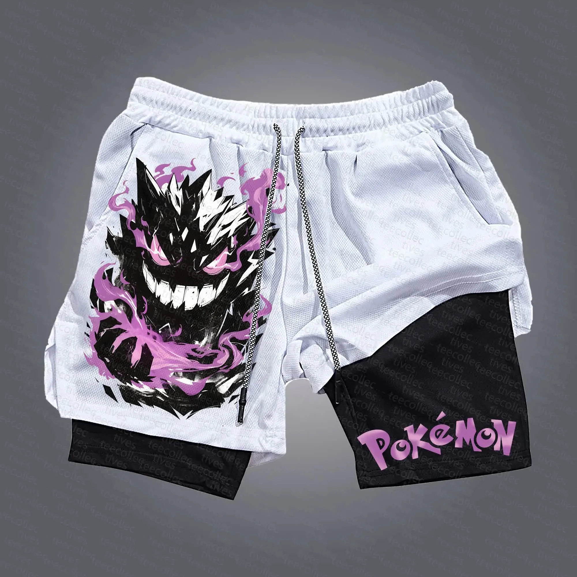pokemon-gengar-shorts-masculino-algodao-calcas-esportivas-2025-verao-grafico-bottoms-base-branca-preto-secao-inferior-gengar-personagem-roxo