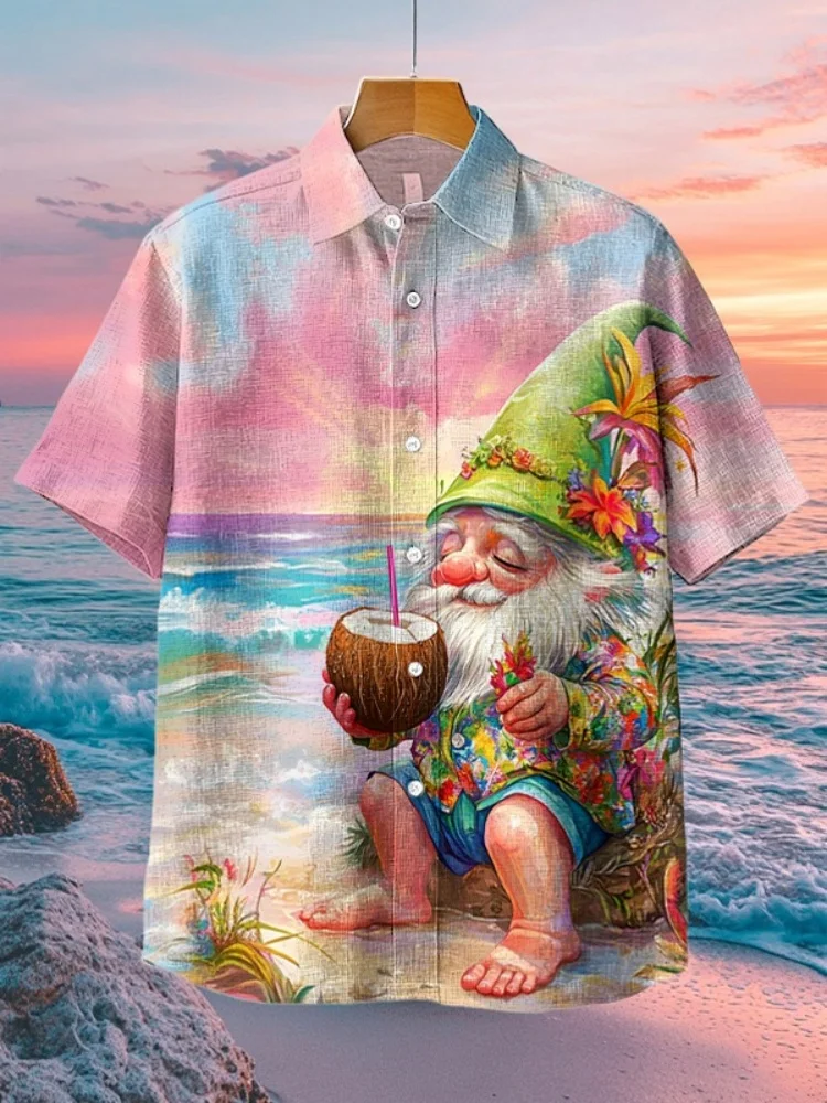 

Men's Short Sleeve Halloween Tops Vintage Gnome Drinking Coconut Water On Beach Vacation Art Print Casual Shirt Oversized Summer