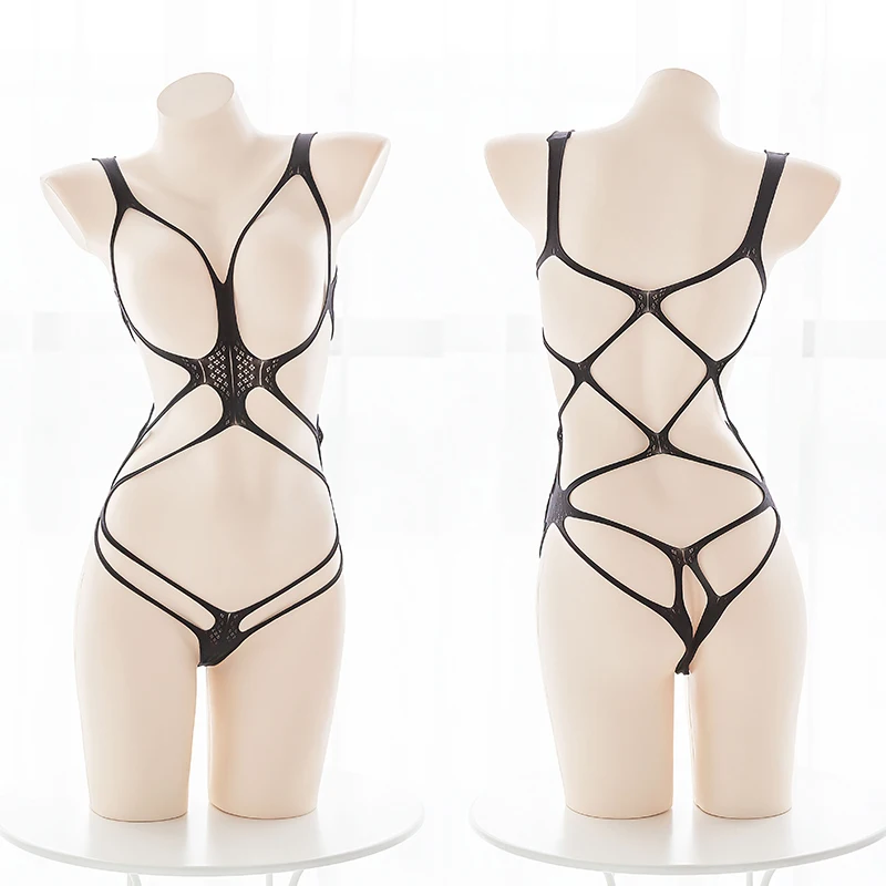 Sexy Perspective Hollow Out Mesh Open Chest Bondage Underwear Large Mesh Fishnet Socks Suspender Bodysuit See Through Lingerie