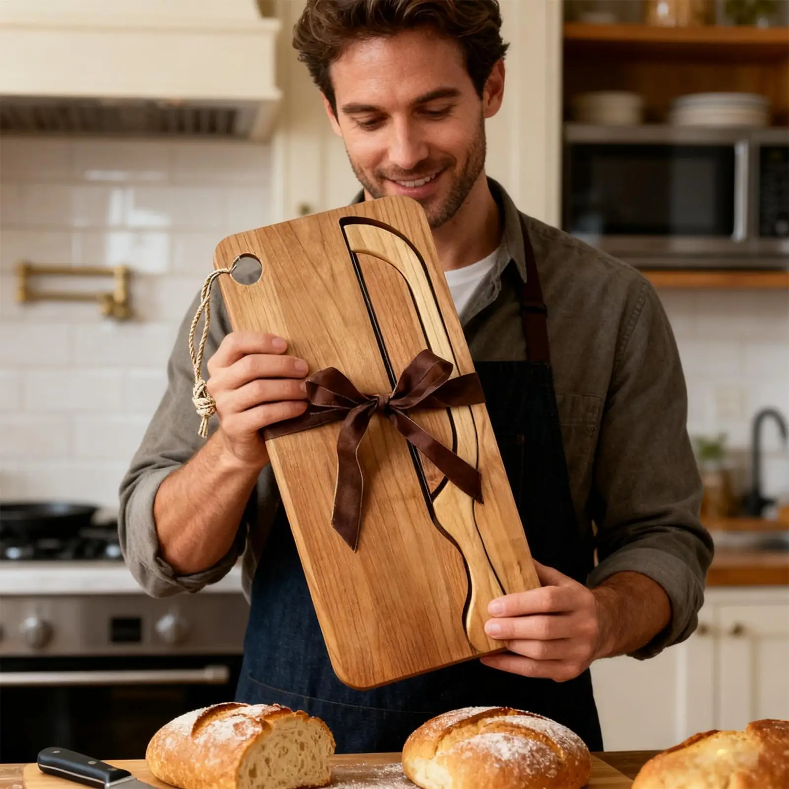 

Bread Cutter For Sourdough Bow-Shaped Stainless Steel Cutter Wood Bread Serving Tray Set For Left And Right Hands Bagels French