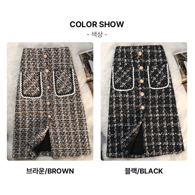 نمط Ayu الخريف الشتاء اللؤلؤ تويد الصوف تنورة المرأة طويلة عالية الخصر زر خمر تحقق H-خط تنورة Sk0582