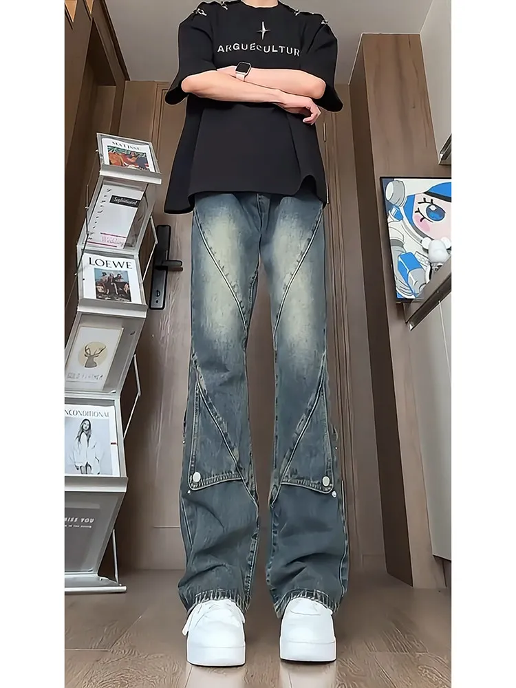 American Decomposed Flared Jeans Men's High Street Vibe Knife Slim Straight Leg High Street Slimming Rise Straight Leg Jeans