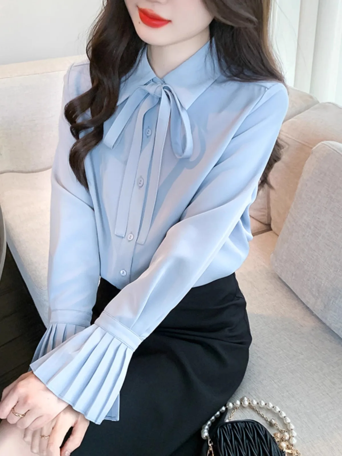 

Синяя женская рубашка класса люкс, молодежная, элегантная, с завязками, для студенток университета, для собеседований, комплект одежды, приталенный крой, с длинным рукавом...