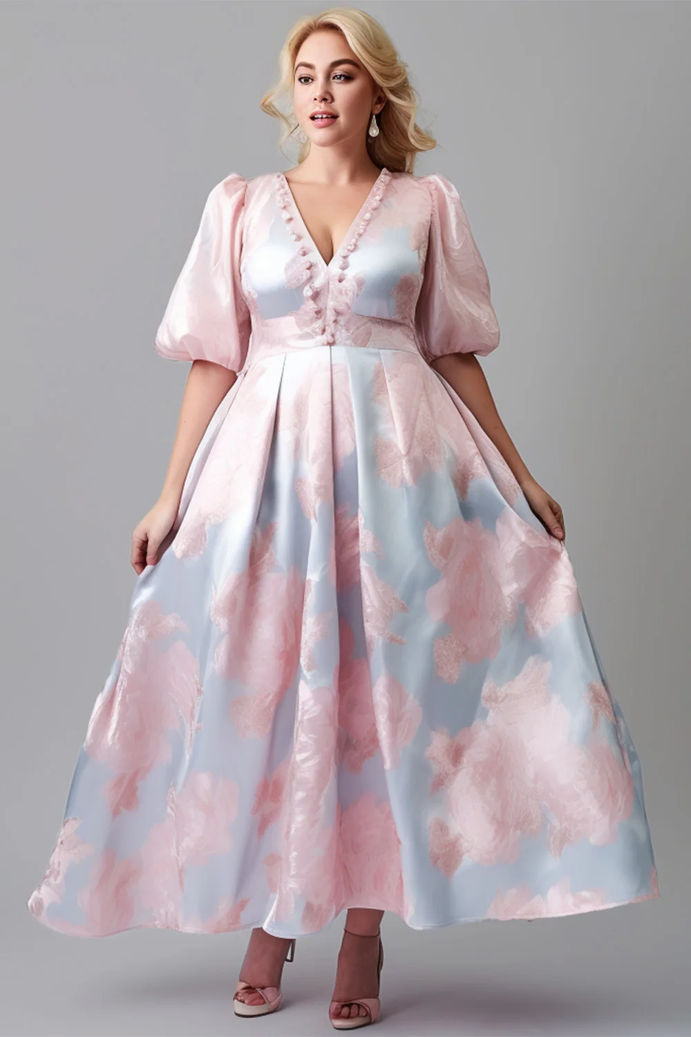 Flycurvy Plus Size Wedding Guest Pink Satin Jacquard Lantern Sleeve Neckline Decor Maxi Dress