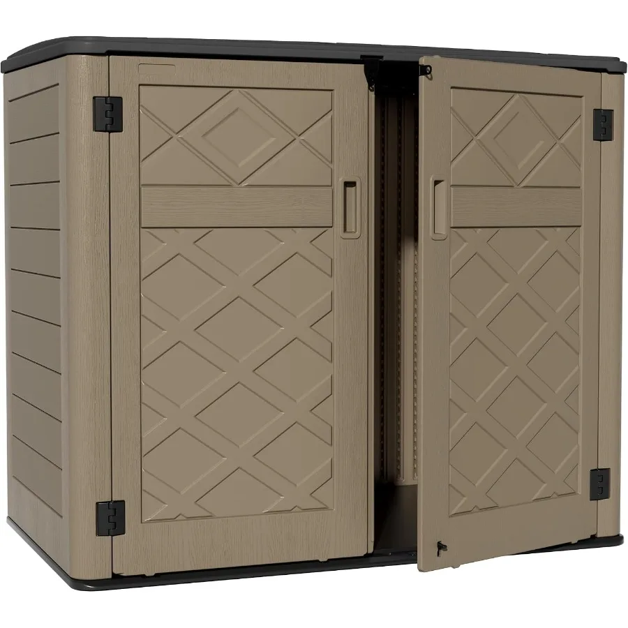 Large Outdoor Storage Shed: 48 Cu Ft Resin Cabinet for Patio, Trash Cans Garden Tools; Coffee-Colored Durable Horizontal Box wi