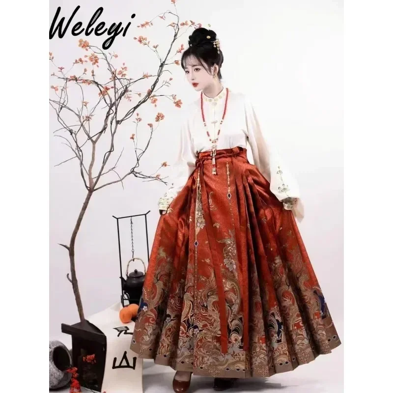 

kawaii Chinese Style Skirts 2024 Spring womens fashion Machine Embroidery Woven Gold Makeup Flower Adult Hanfu Horse Face Skirt