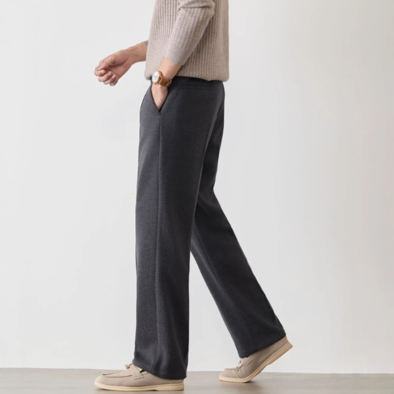2026 Autumn and Winter Wheat Grain Woolen Casual Pants for Men, Simple Commuting, Hanging Loose Straight Leg Trousers