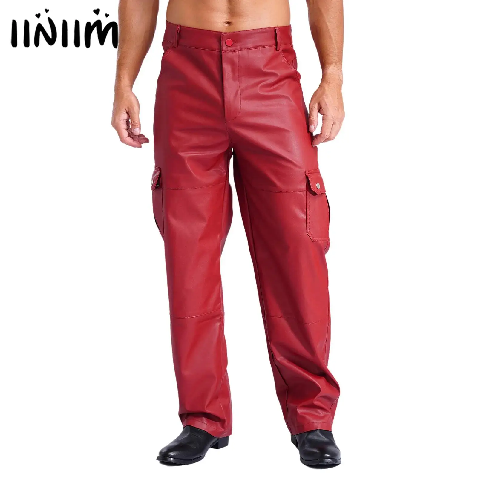 Mens PU Leather Cargo Pants Multiple Pockets Smooth Lining Trousers Zipper Motorcycle Over Pants for Daily Wear Music Party