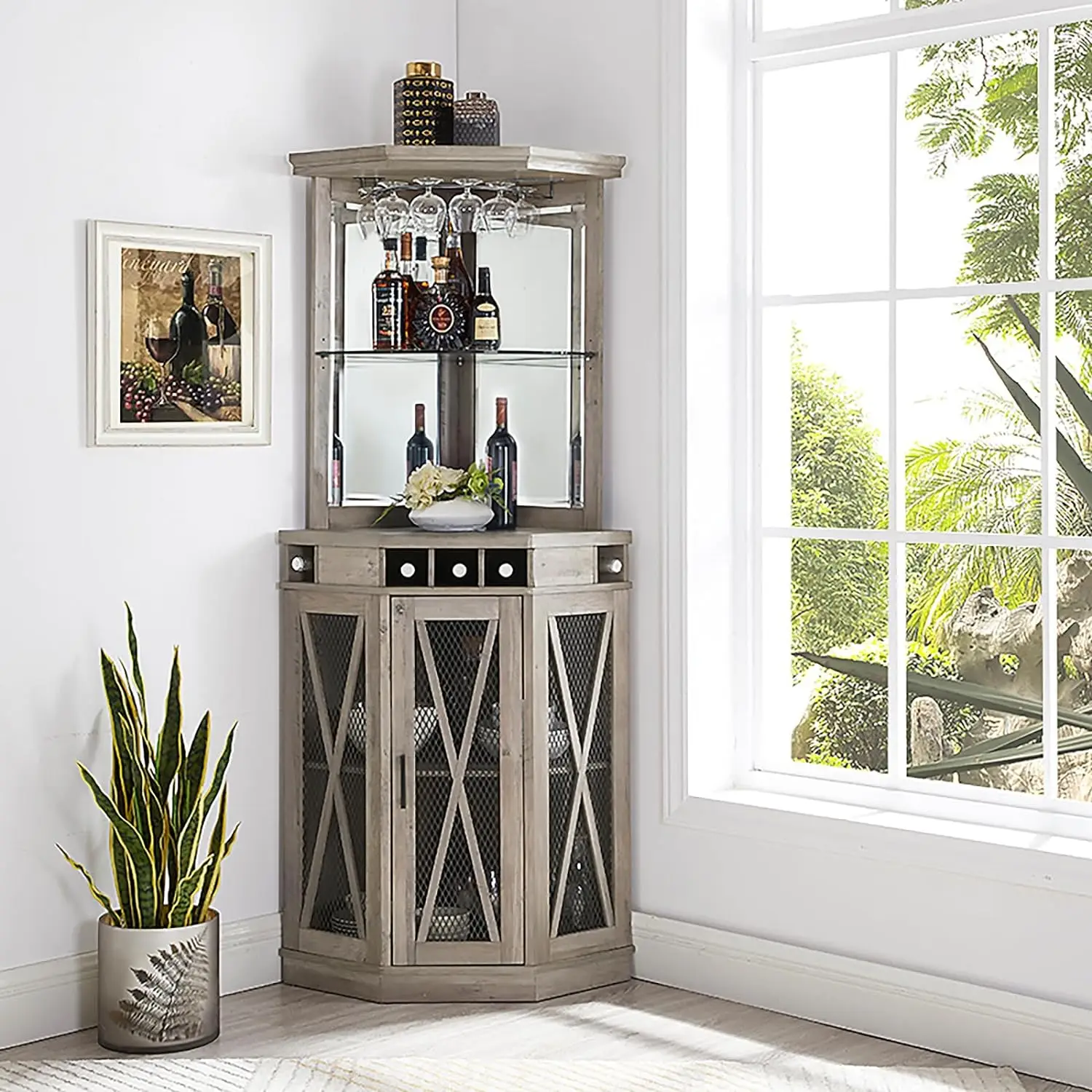 

73" Tall Corner Bar Unit with Reclaimed Barnwood Wine Cabinet Space-Saving Liquor Storage Shelf with Mesh Doors and Glass Holder