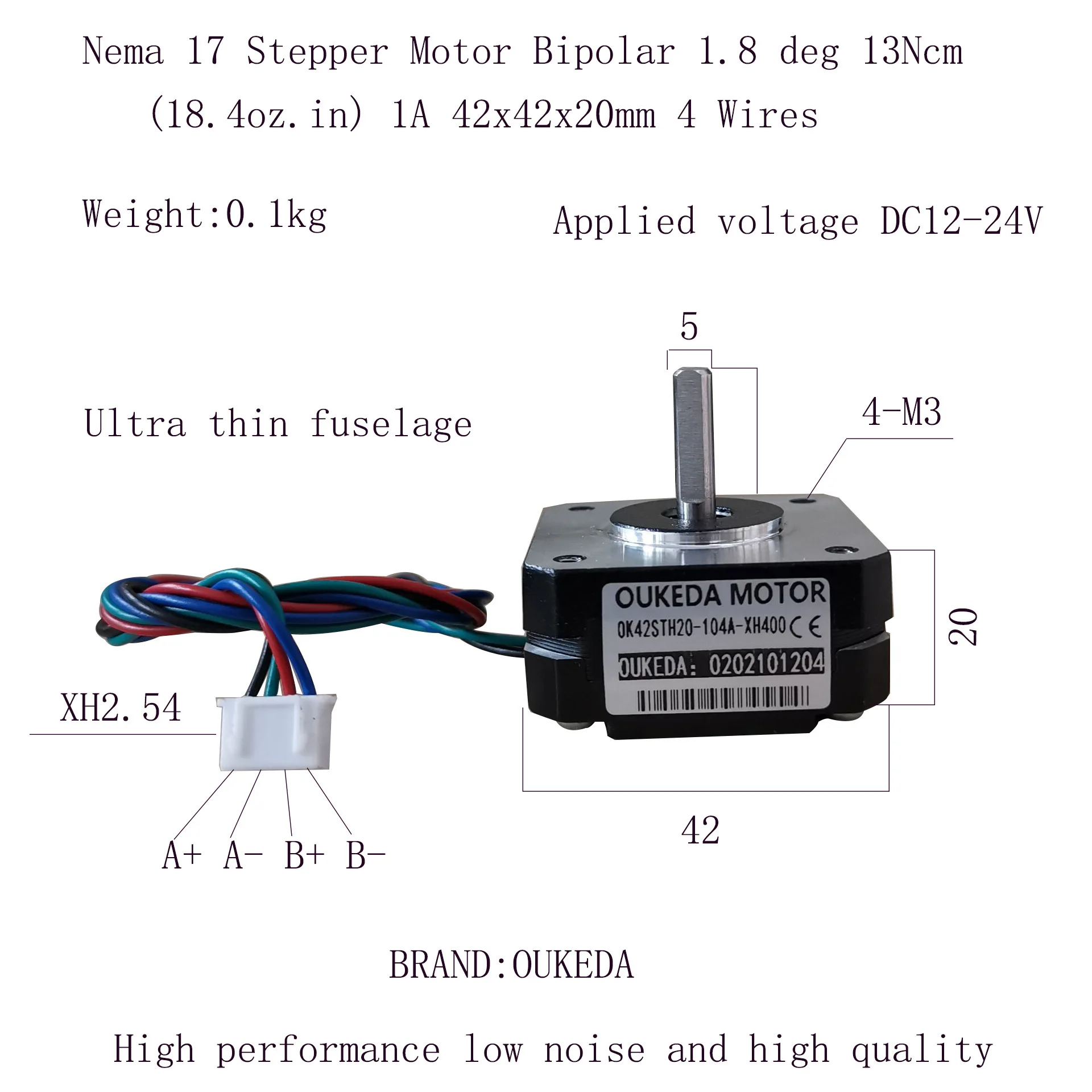 42 Stepper Motor Body 20 42X42X20mm NEMA 17 1A 0.13Nm Bipolar 1.8 deg 13Ncm(18. 4oz. in) 1A 42x42x20mm 4 Wires 42 Motor