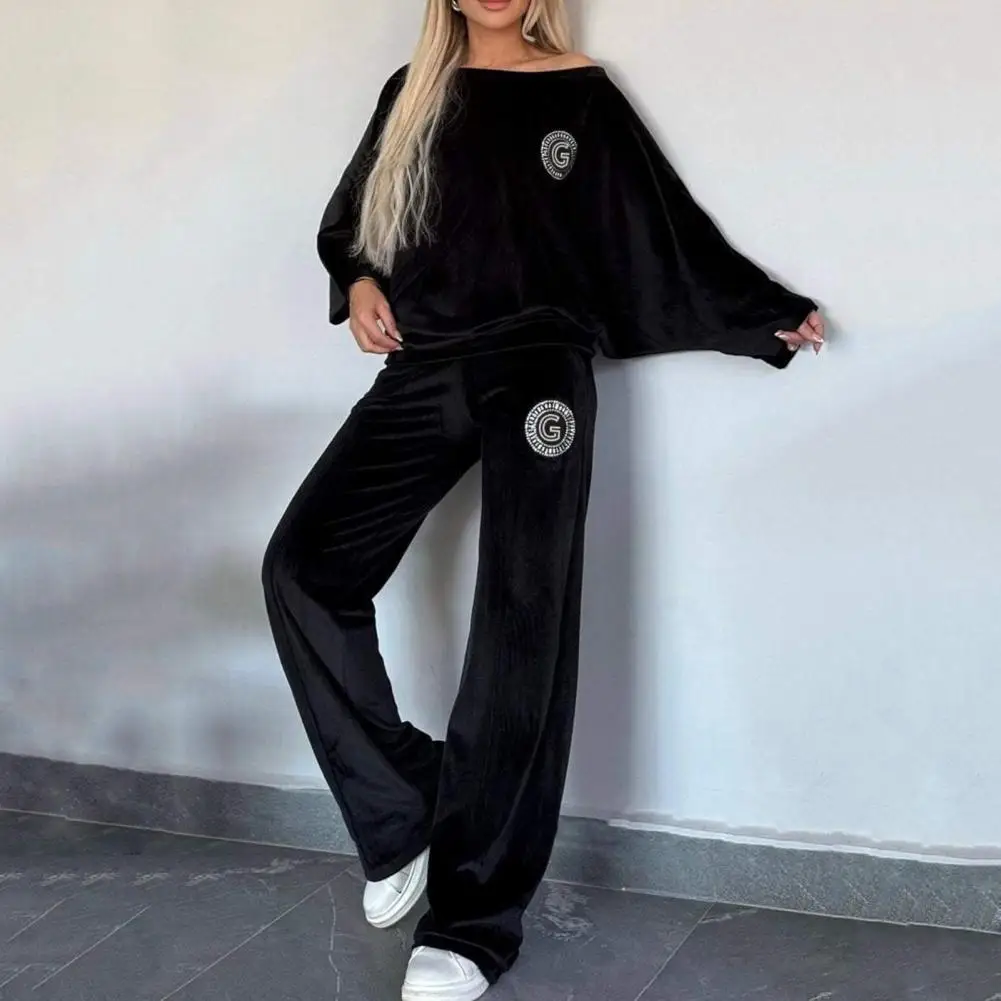 Women Wear Clothes Velvet Bat Sleeves Blouse Wide Leg Trousers Set for Women Sport Outfit with Round Neck Top Fall Spring