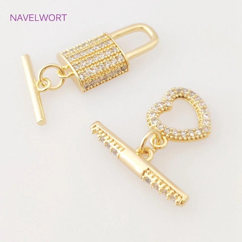 18K Gold Plated Heart/Lock Shape OT Clasps For Bracelet Necklace Connector Part,Inlaid Zircon Toggle Clasp Fasteners DIY Jewelry