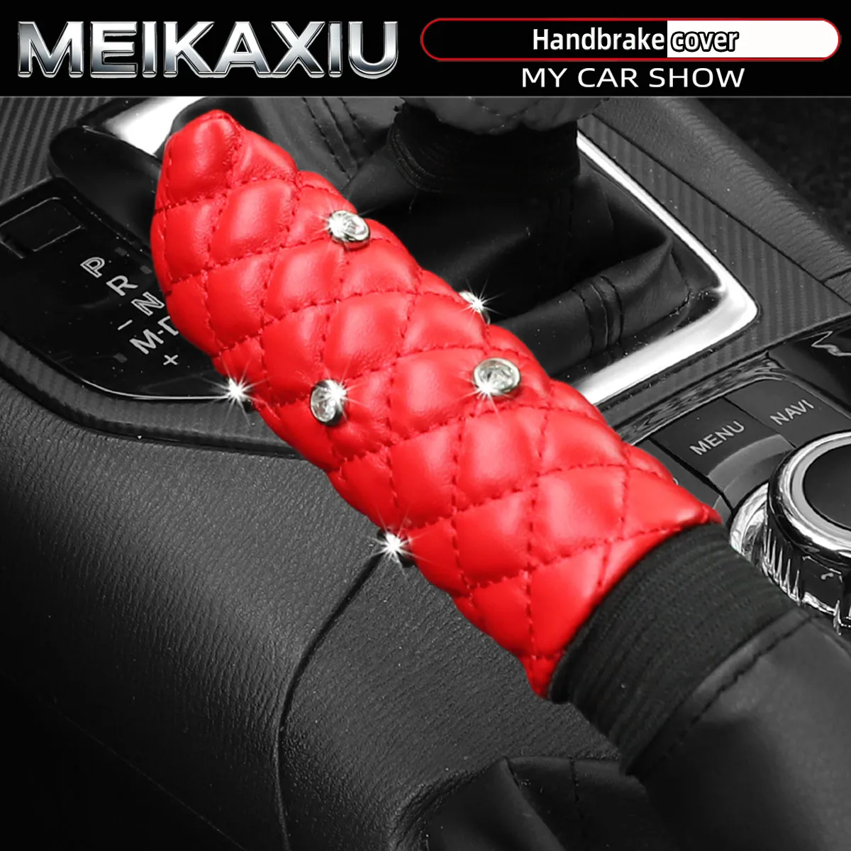 Set of 3D Inlaid Diamonds Soft PU Leather Car Handbrake Cover Embroidered Women's Grip Decoration Item